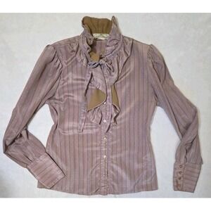 Vtg 70s 80s Jonathan Martin Victorian Satin Bow Blouse Mauve High Neck Size 9/10